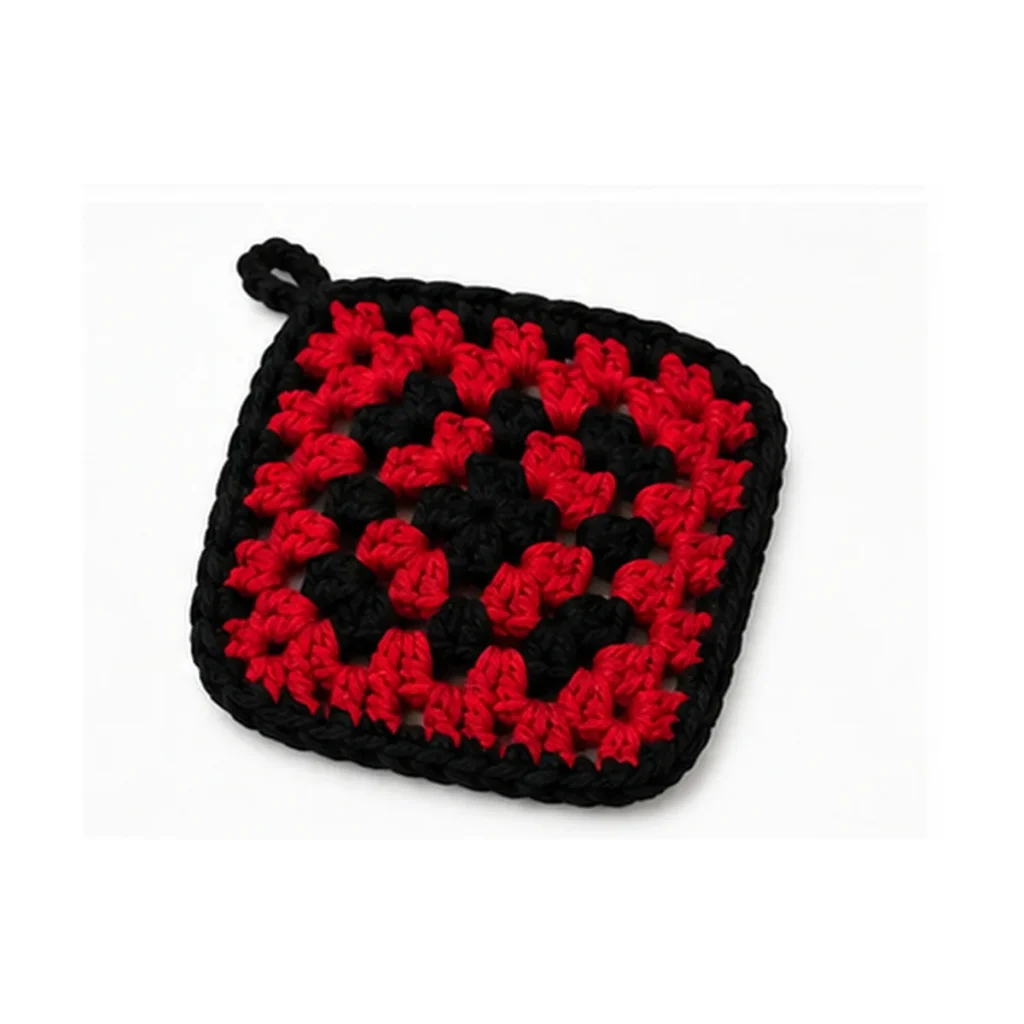 Handmade 09 Black Red Granny Square — crochet and textile craft by Becka Crafts